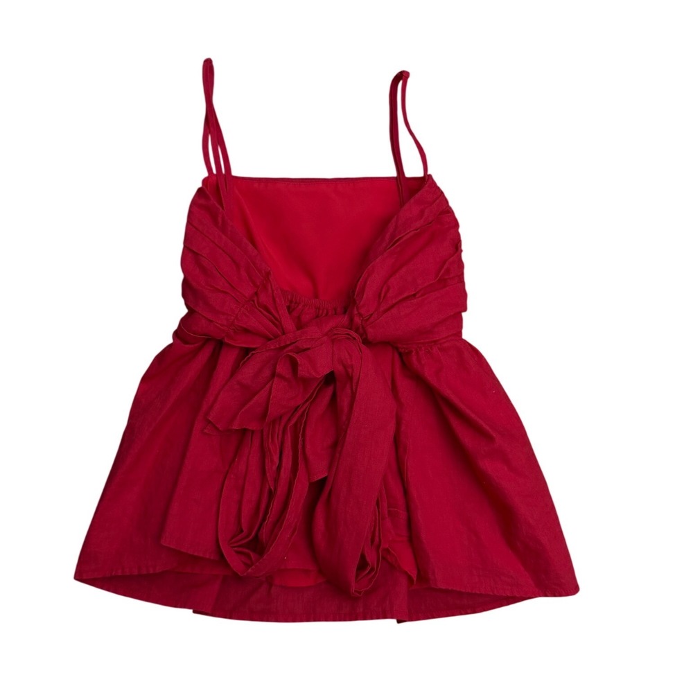 WAYF Red Linen Blend Ruched Bow tie Back Babydoll Cami Top Medium Coastal preppy